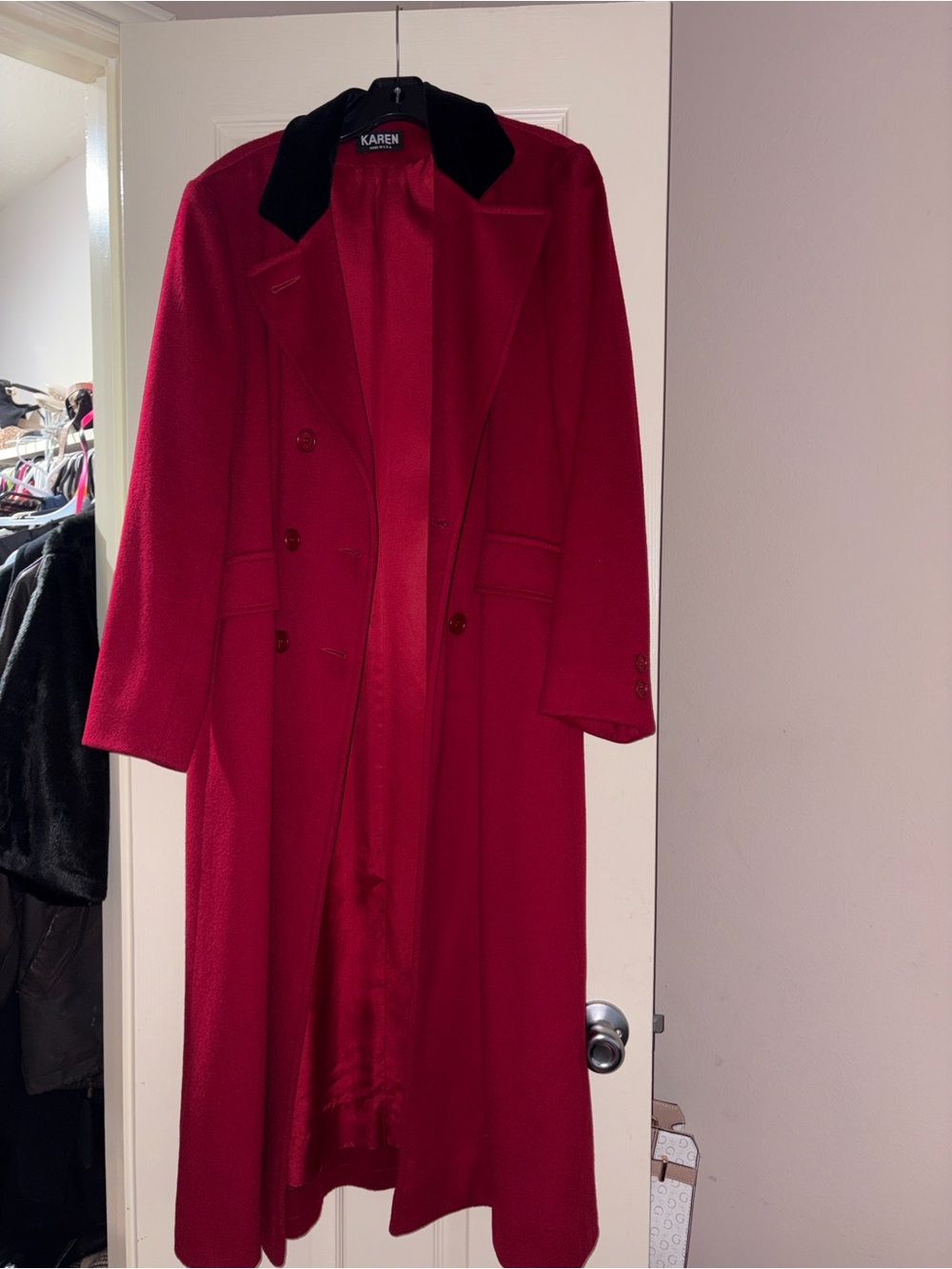 Karen Red Double-Breasted Wool-Blend Long Coat with Black Collar